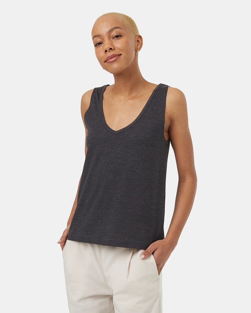 Black-Double-V-Neck-Regular-Fit-Tank-Top
