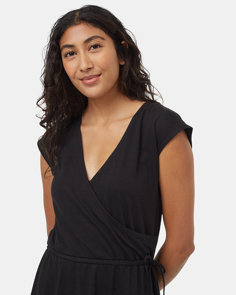 Black-Knee-Length-V-Neck-Wrap-Front-Dress
