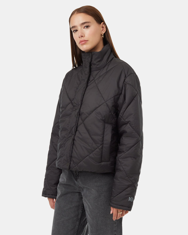 Black-Water-Repellent-Quilted-Mock-Neck-Puffer-Jacket *Model is 5'9.5", wearing size S