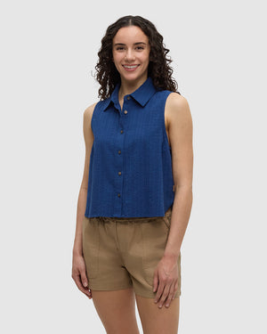 Blue-Organic-Cotton-Sleeveless-Button-Shirt *Model is 5'9", wearing size S