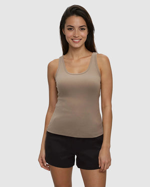 Brown-Soft-Fine-Rib-Cotton-Fitted-Tank *Model is 5’8”, wearing size S
