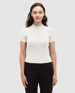 White-Women_s-Short-sleeve-Mockneck *Model is 5'8" wearing size S
