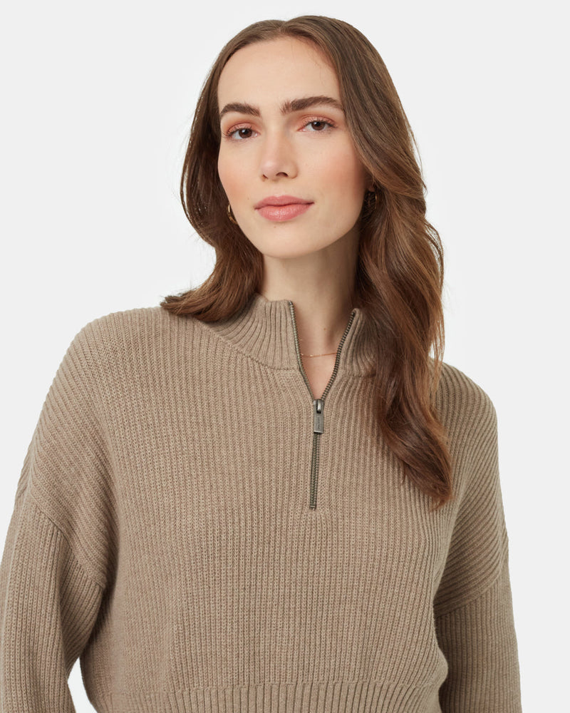 Brown-Women_s-Eco-Friendly-Quarter-Zip-Cropped-Longsleeve-Top